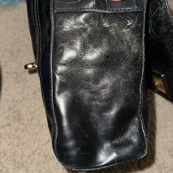 Milly Black Leather/Croc Embossed Top Flap Handbag w/Chunky Enamel Chain Strap - Picture 11 of 11